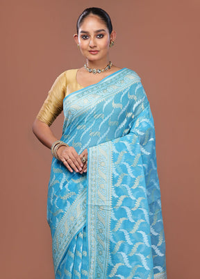 Blue Kora Silk Saree With Blouse Piece