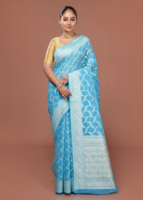 Blue Kora Silk Saree With Blouse Piece