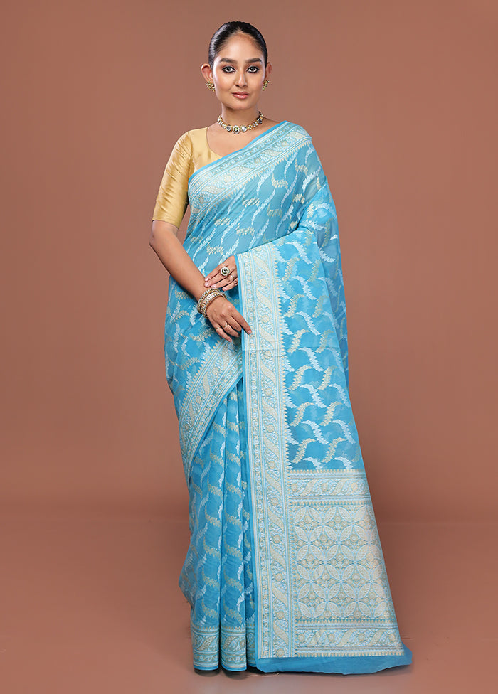 Blue Kora Silk Saree With Blouse Piece