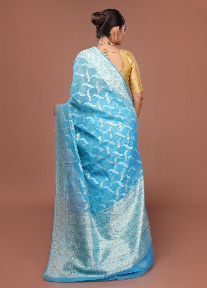 Blue Kora Silk Saree With Blouse Piece