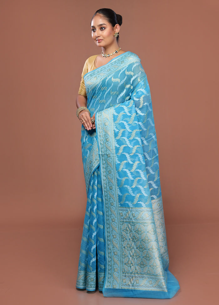 Blue Kora Silk Saree With Blouse Piece