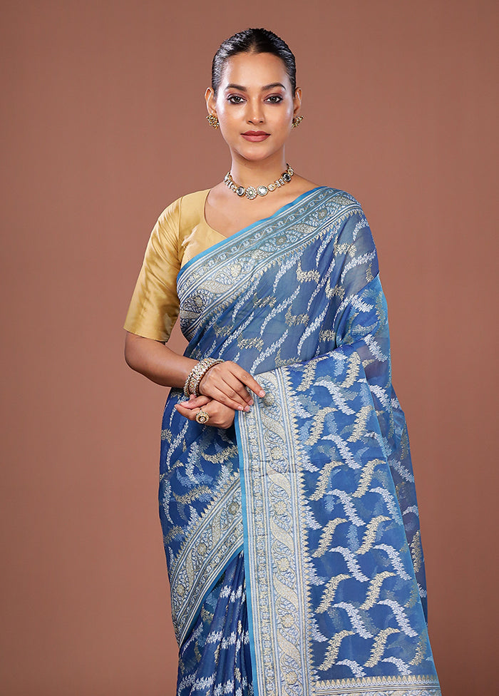 Blue Kora Silk Saree With Blouse Piece
