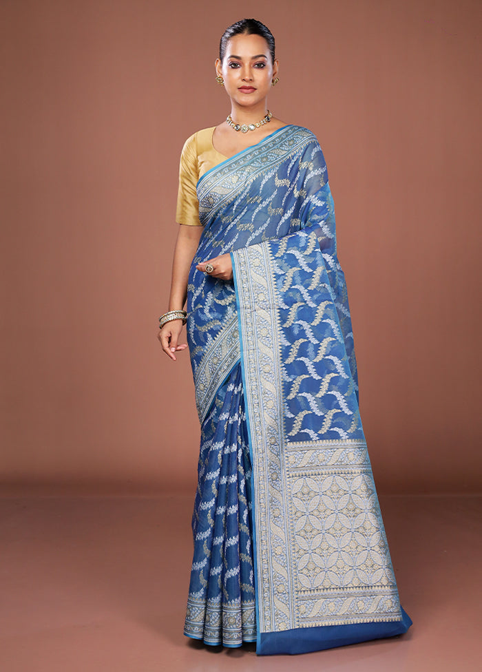 Blue Kora Silk Saree With Blouse Piece