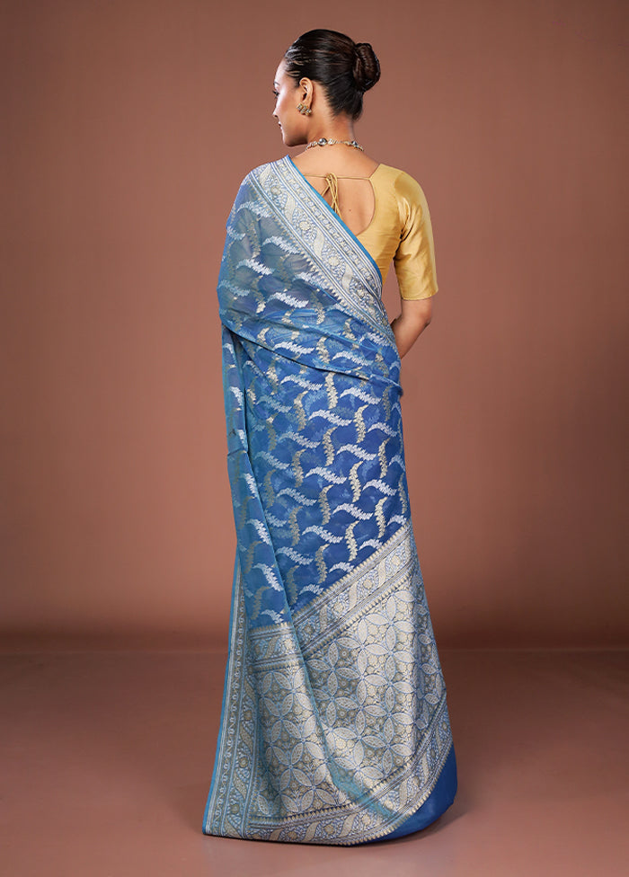 Blue Kora Silk Saree With Blouse Piece