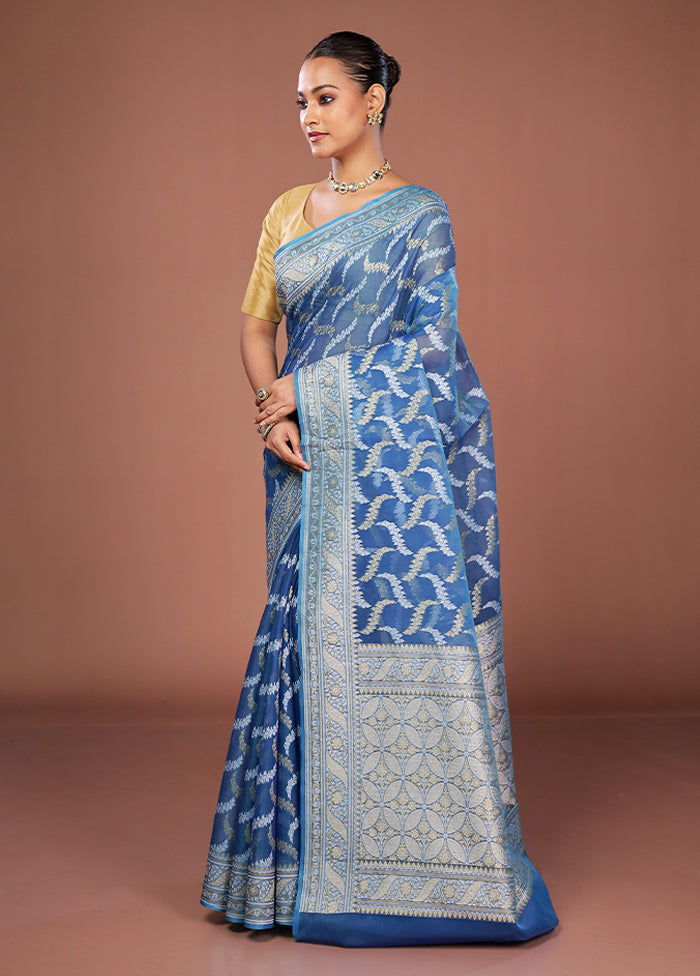 Blue Kora Silk Saree With Blouse Piece