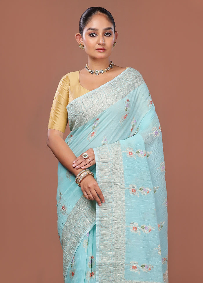 Blue Tissue Silk Saree With Blouse Piece