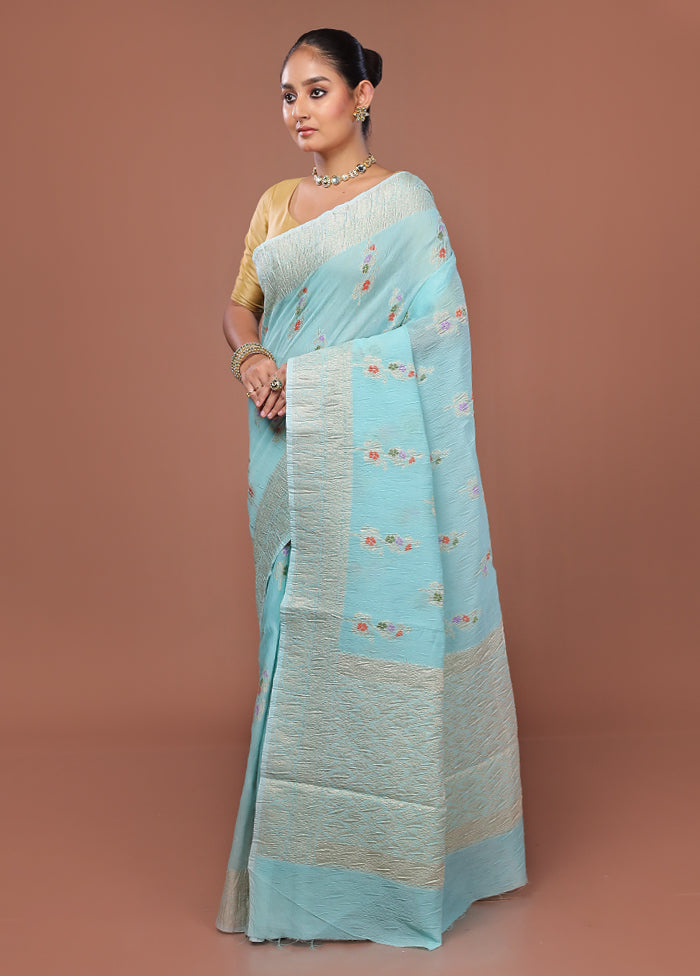 Blue Tissue Silk Saree With Blouse Piece