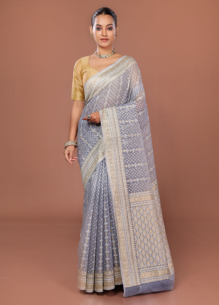 Blue Kora Silk Saree With Blouse Piece