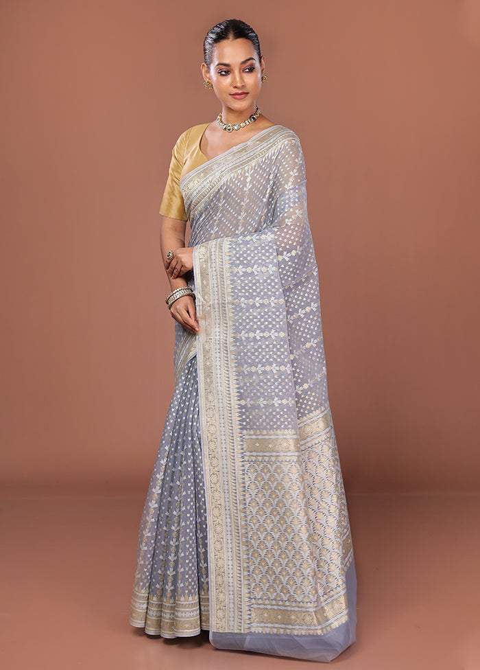 Blue Kora Silk Saree With Blouse Piece