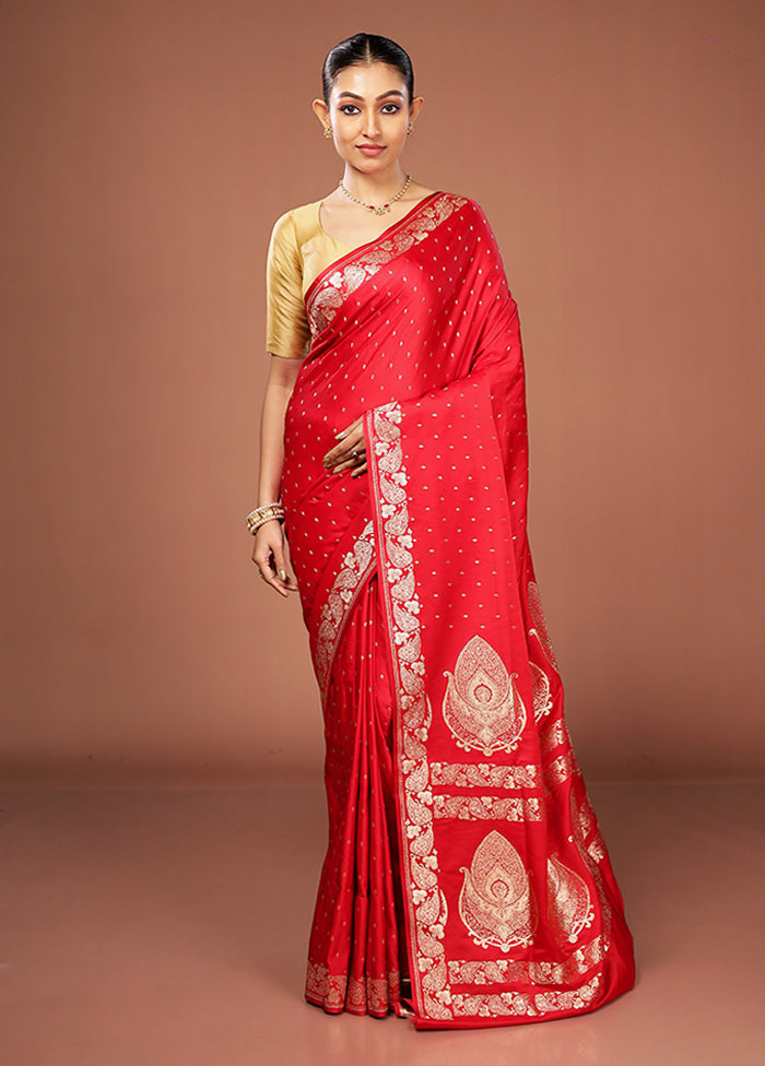Red Banarasi Silk Saree With Blouse Piece