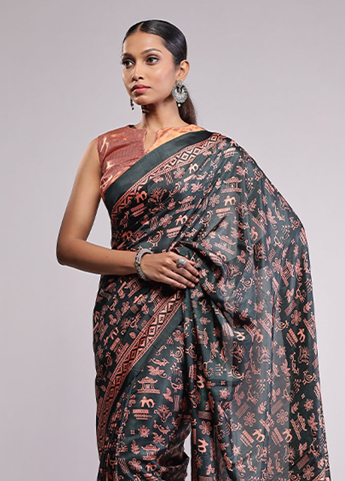Green Printed Silk Saree Without Blouse Piece