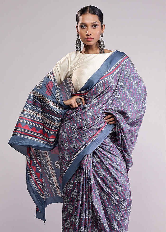 Blue Printed Silk Saree Without Blouse Piece