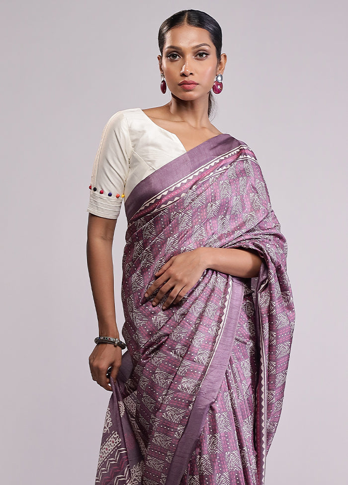 Purple Printed Silk Saree Without Blouse Piece