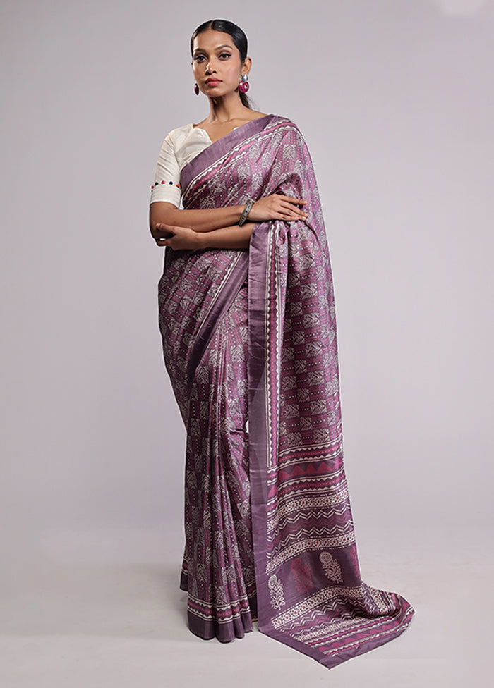 Purple Printed Silk Saree Without Blouse Piece