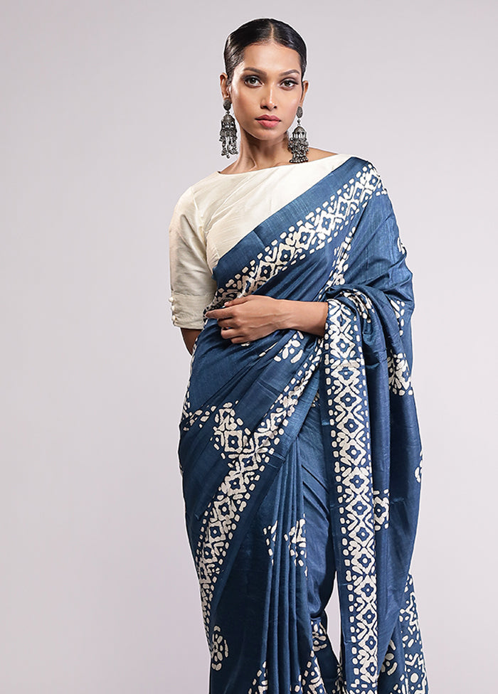 Blue Dupion Silk Saree With Blouse Piece