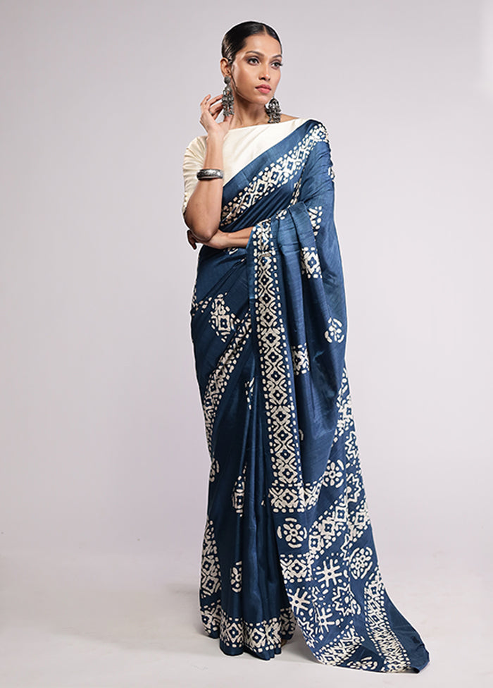 Blue Dupion Silk Saree With Blouse Piece