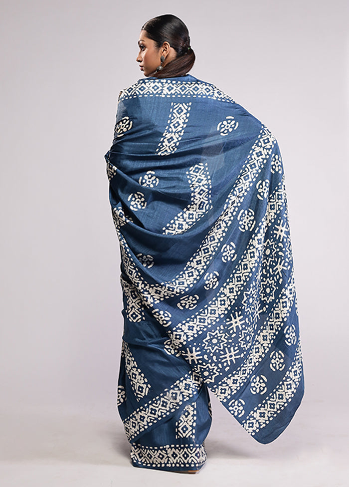 Blue Dupion Silk Saree With Blouse Piece