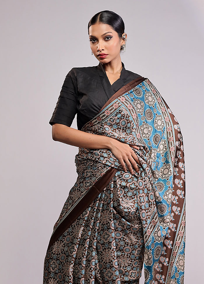 Blue Printed Silk Saree Without Blouse Piece