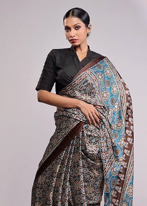 Blue Printed Silk Saree Without Blouse Piece