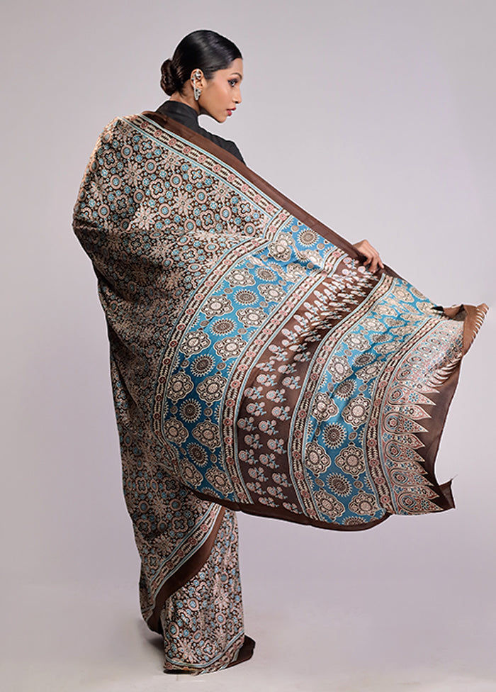 Blue Printed Silk Saree Without Blouse Piece