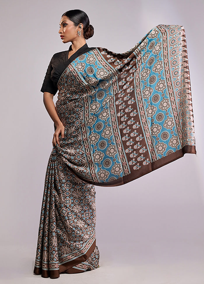 Blue Printed Silk Saree Without Blouse Piece