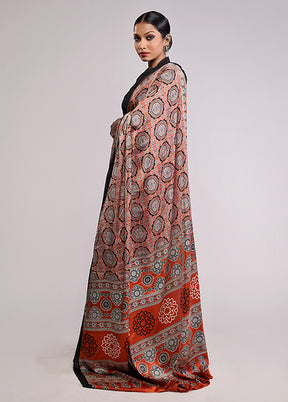 Brown Printed Silk Saree Without Blouse Piece