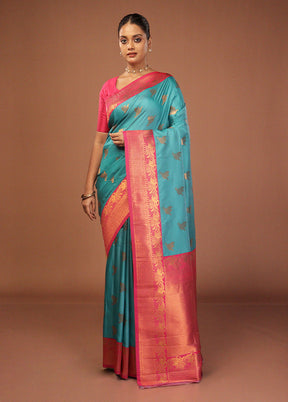 Blue Dupion Silk Saree With Blouse Piece