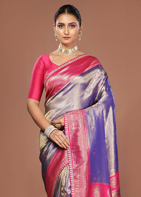 Blue Dupion Silk Saree With Blouse Piece