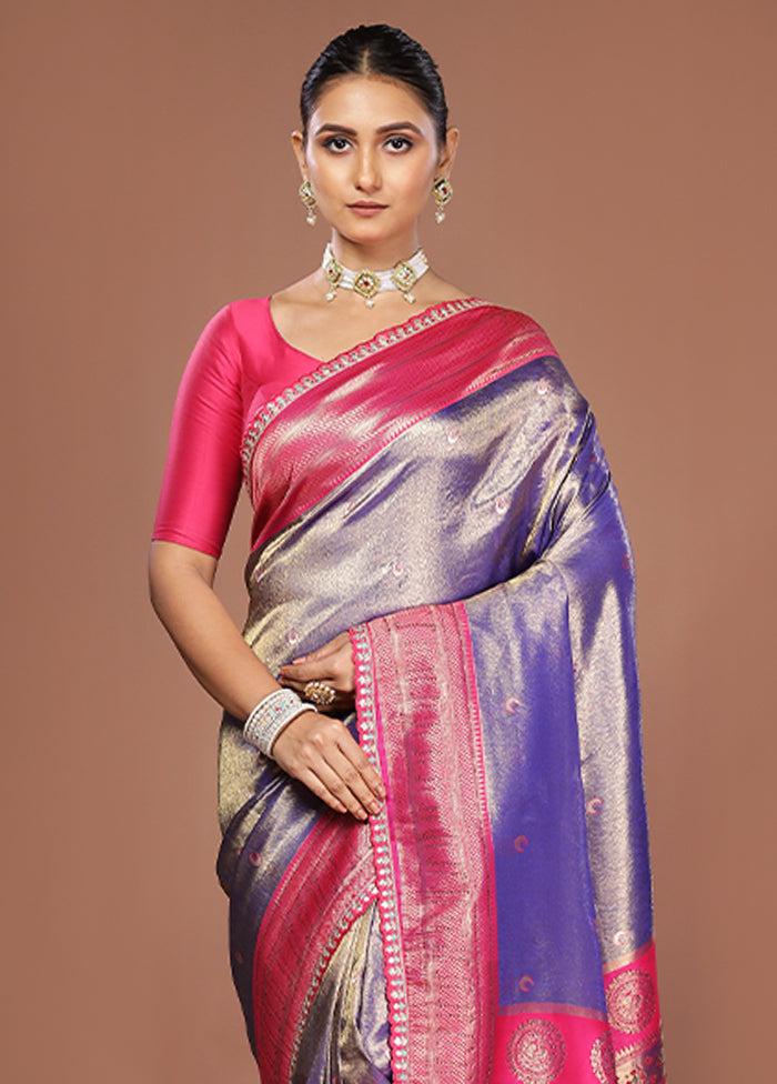 Blue Dupion Silk Saree With Blouse Piece