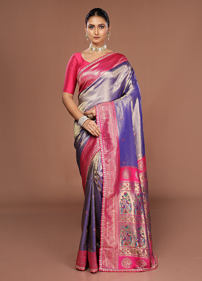 Blue Dupion Silk Saree With Blouse Piece
