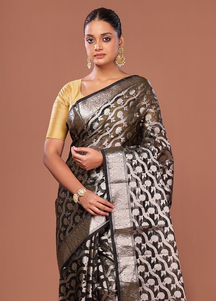 Black Kora Silk Saree With Blouse Piece