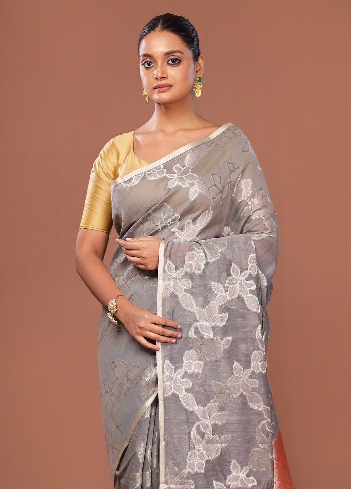 Grey Kora Silk Saree With Blouse Piece