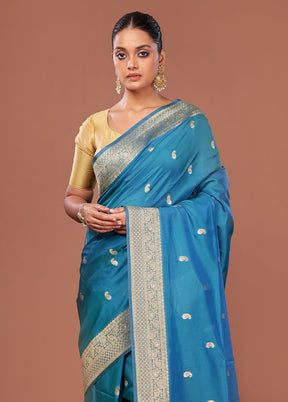 Blue Dupion Silk Saree With Blouse Piece