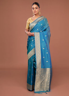 Blue Dupion Silk Saree With Blouse Piece
