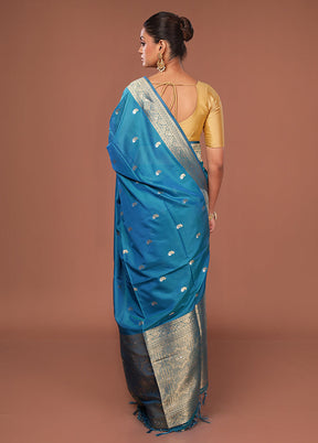 Blue Dupion Silk Saree With Blouse Piece