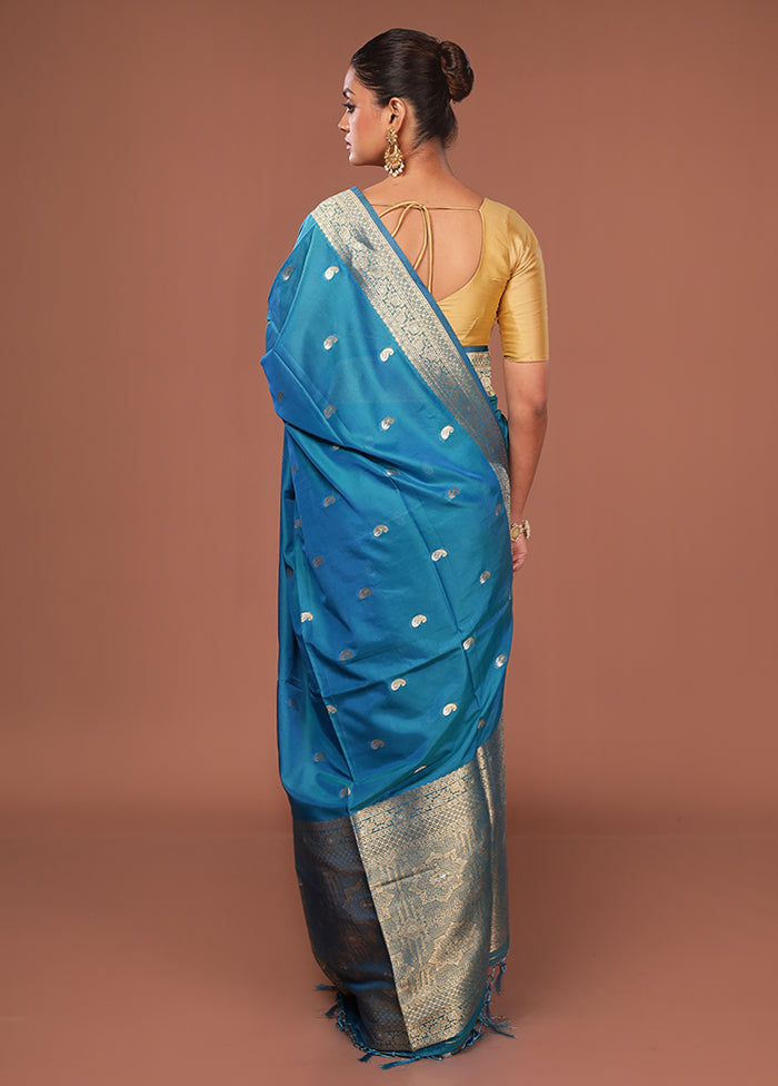 Blue Dupion Silk Saree With Blouse Piece