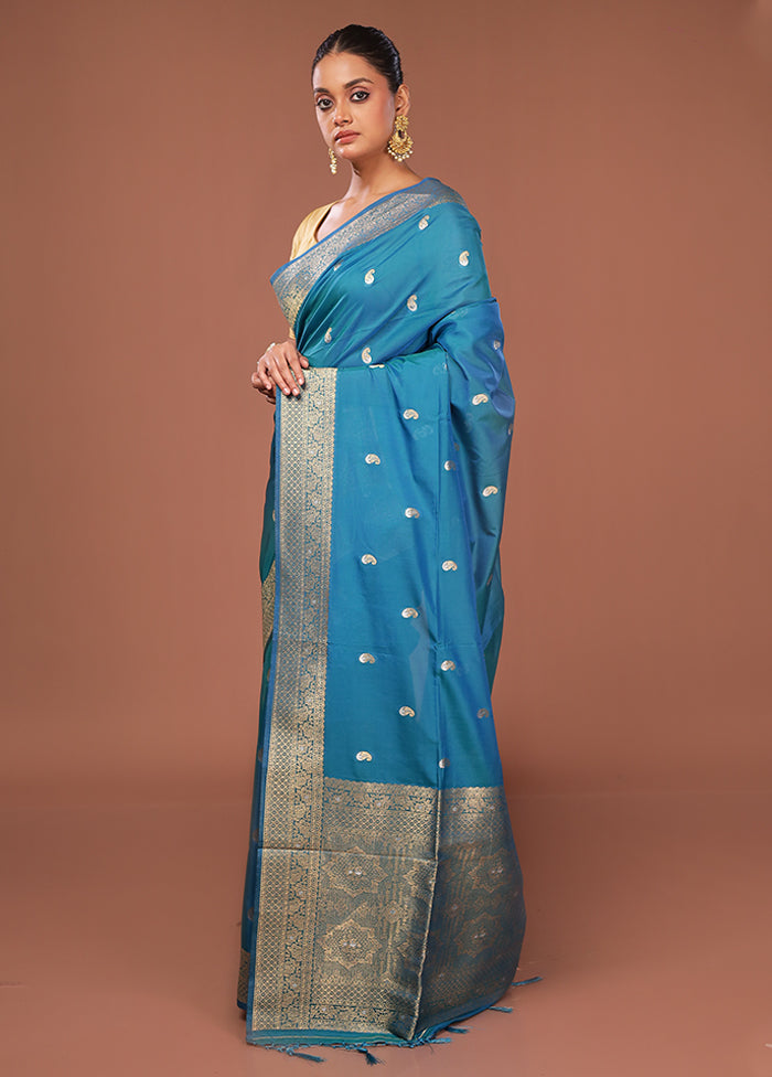 Blue Dupion Silk Saree With Blouse Piece