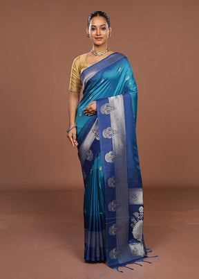 Blue Dupion Silk Saree With Blouse Piece
