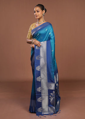 Blue Dupion Silk Saree With Blouse Piece