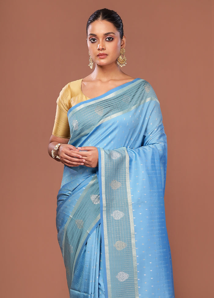 Blue Dupion Silk Saree With Blouse Piece