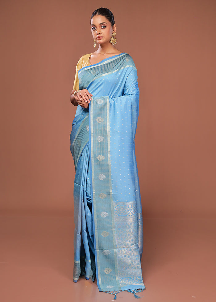Blue Dupion Silk Saree With Blouse Piece