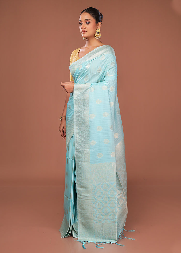Blue Dupion Silk Saree With Blouse Piece