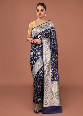 Blue Katan Silk Saree With Blouse Piece