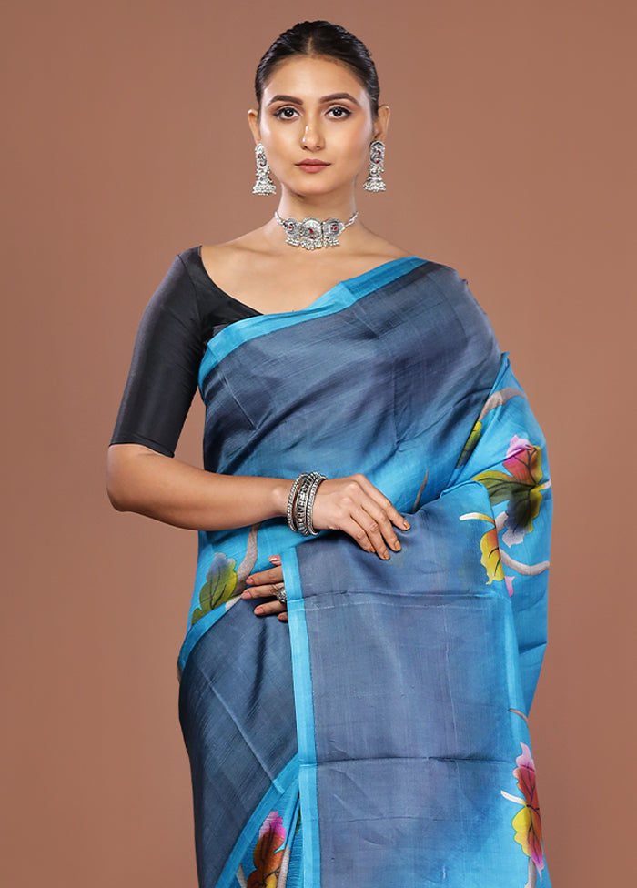 Blue Printed Pure Silk Saree Without Blouse Piece