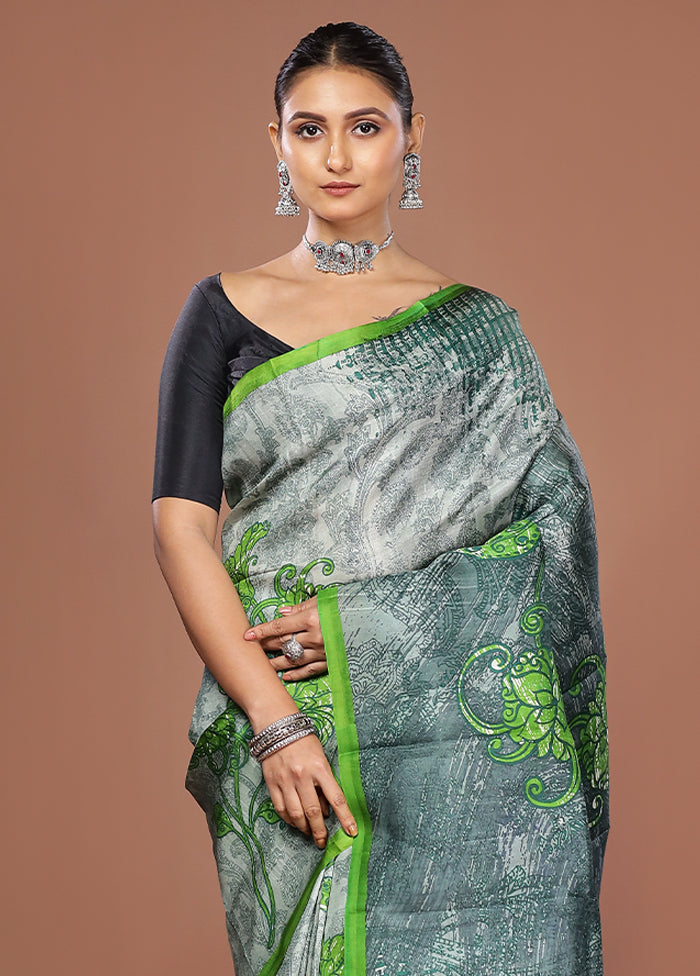 Grey Printed Pure Silk Saree Without Blouse Piece