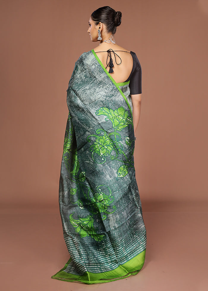 Grey Printed Pure Silk Saree Without Blouse Piece