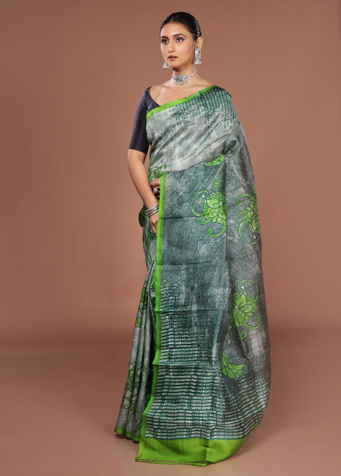 Grey Printed Pure Silk Saree Without Blouse Piece