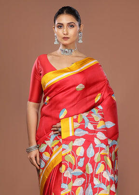Red Printed Pure Silk Saree Without Blouse Piece