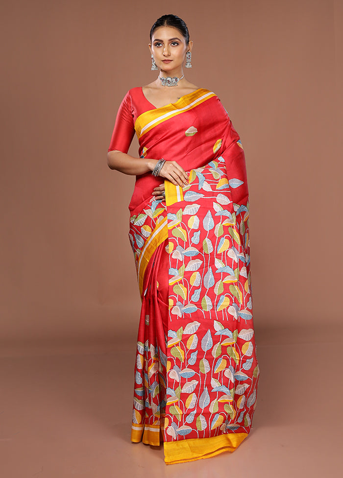 Red Printed Pure Silk Saree Without Blouse Piece