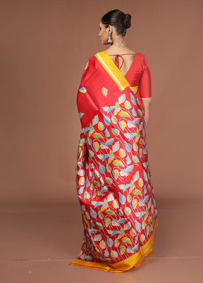 Red Printed Pure Silk Saree Without Blouse Piece